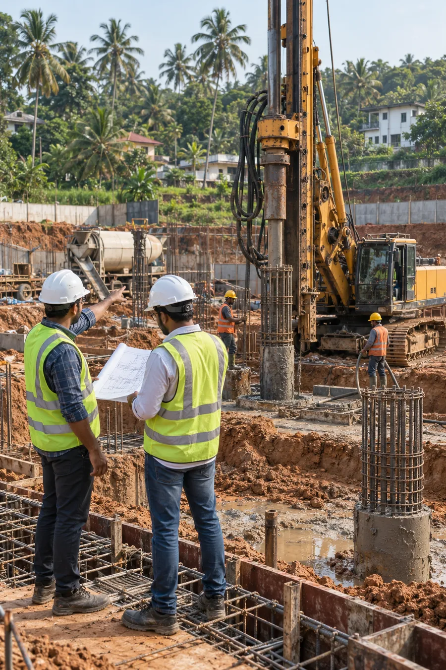Site engineers reviewing drawings beside piling equipment and foundation reinforcement at a Kerala construction site