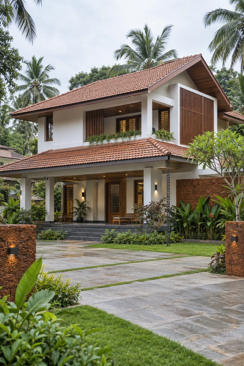Completed two-storey Kerala family residence with tiled roof, timber screens and tropical garden