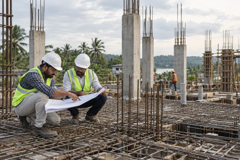 Civil engineers reviewing drawings beside RCC reinforcement steel and concrete works