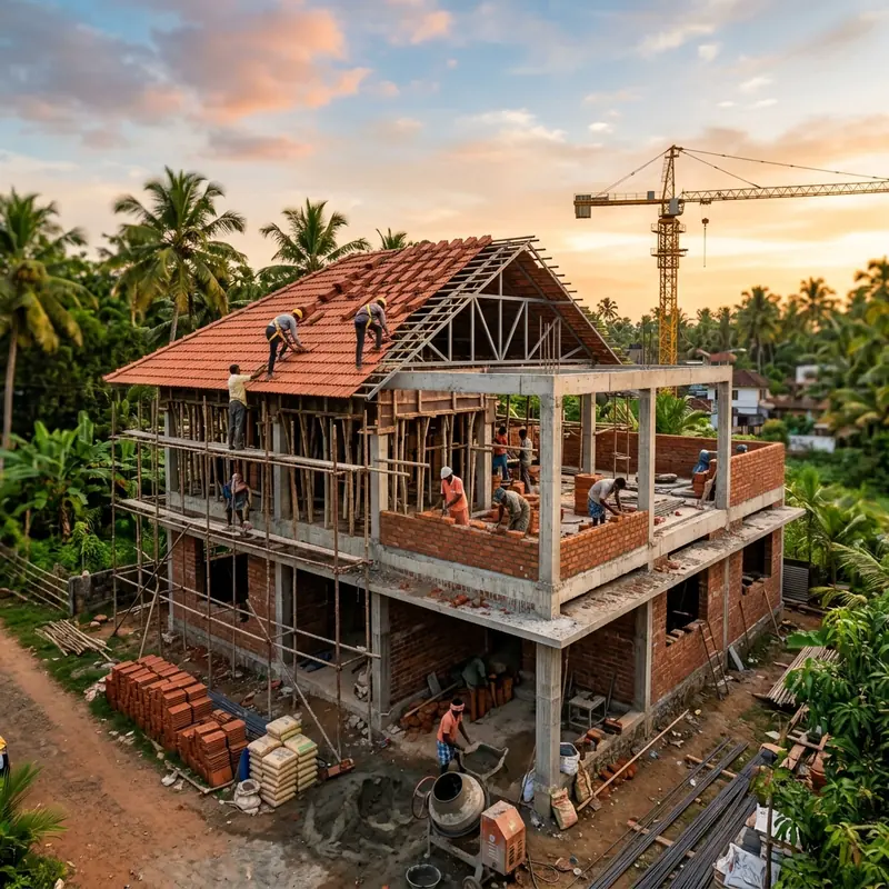 Kerala house under construction with RCC frame, brick walls and Mangalore tile roof at golden hour