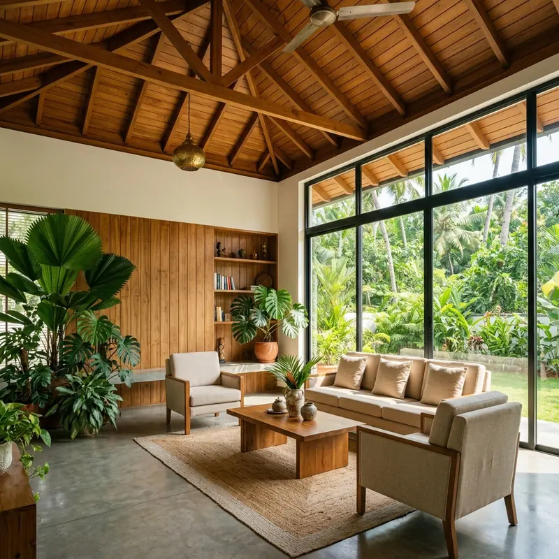 Spacious modern Kerala living room with high wooden ceiling, premium furniture and natural light