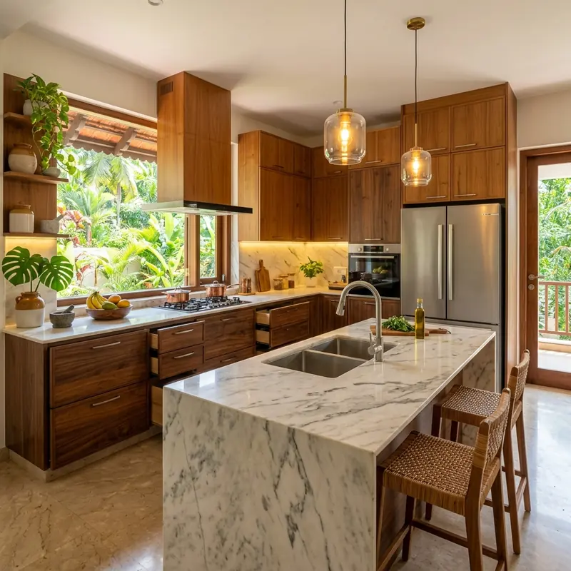 Premium modular kitchen with teak cabinets, marble island countertop and pendant lighting in Kerala home