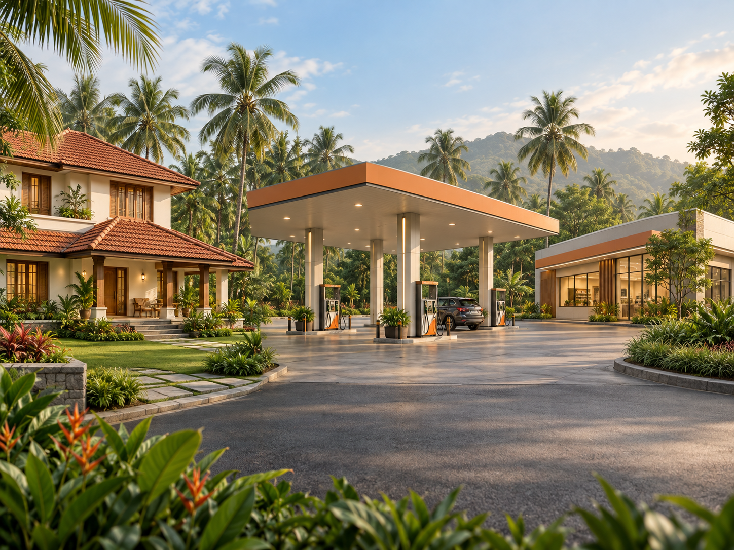 Kerala construction concept showing a family home, petrol pump and gas station together