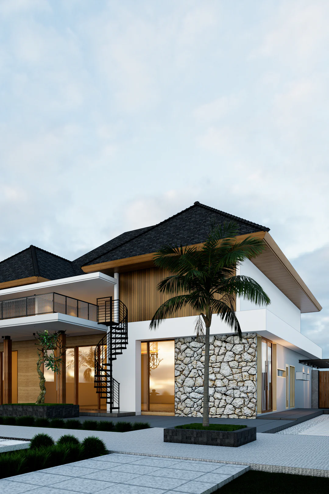 Contemporary two-storey house with a dark hipped roof, timber louvres and a stone-clad wall, set among coconut palms