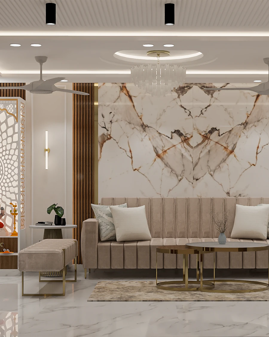 Formal living room interior with a carved fretwork screen and upholstered seating