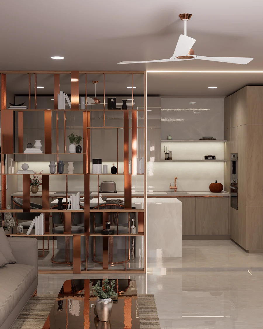 Open-plan living and kitchen divided by a slatted timber and glass partition screen